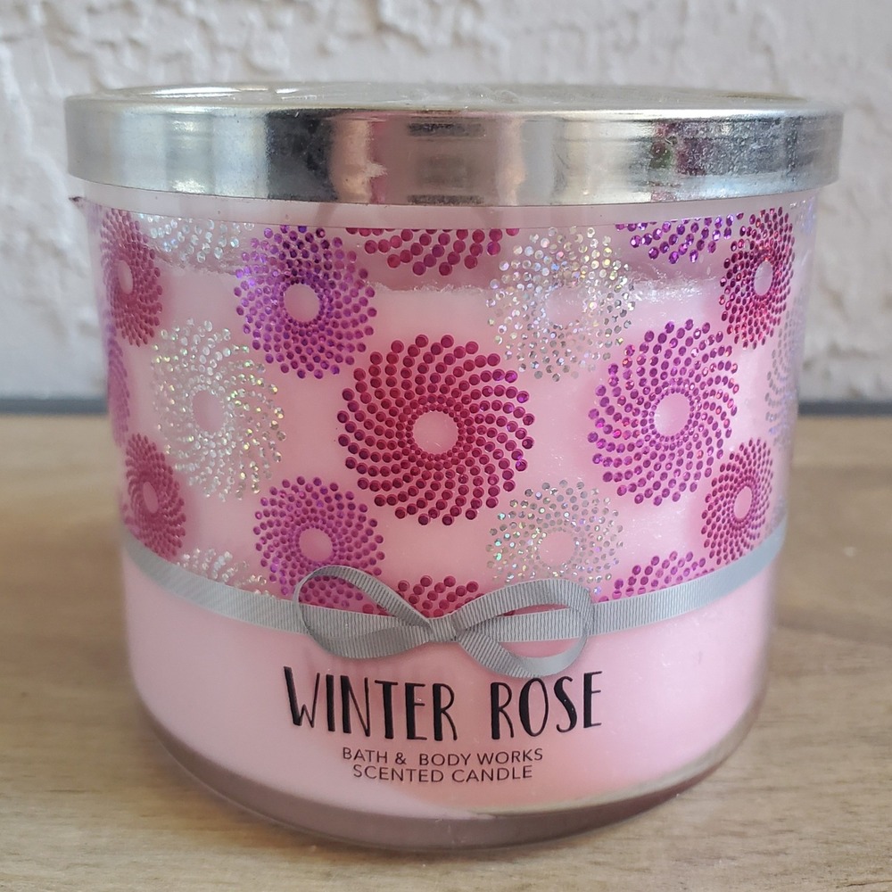 Bath & Body Works Winter Rose Candle 3 Wick Pink Glass Jar 14.5oz Sandalwood New
